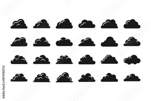 Collection of twenty-one black silhouettes of clouds, various shapes and sizes, isolated on white background for versatile use