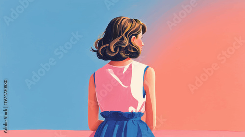 Stylish woman in Mediterranean doorway with ocean view, vibrant travel illustration perfect for tourism branding, posters, lifestyle blogs, and summer campaigns