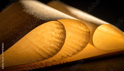 Abstract golden paper rolls with soft light and texture.