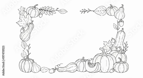 Autumn harvest border with pumpkins, gourds, leaves, and acorns
