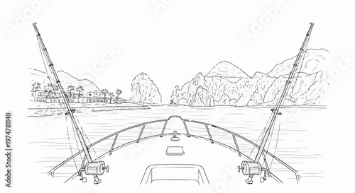 A boat with fishing rods approaches rocky islands and a coastal town