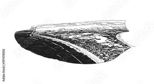 Black and white ink sketch of a winding road through a rocky, textured landscape