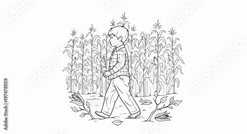 Boy in a checkered shirt walks through a cornfield with cobs