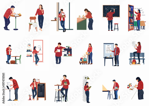 Collection of flat vector illustrations featuring students and professionals in red plaid shirts engaged in various mathematical, scientific, and academic study activities.