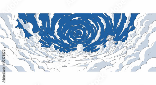 A dramatic sky with swirling clouds and a distant, strange structure