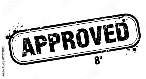 Distressed approved stamp with black ink splatters on transparent background