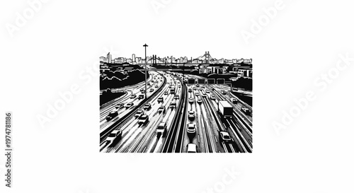 Busy multi-lane highway choked with traffic under a city skyline