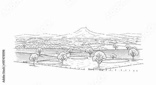A rural landscape featuring cultivated fields, scattered trees, and a distant, prominent mountain peak