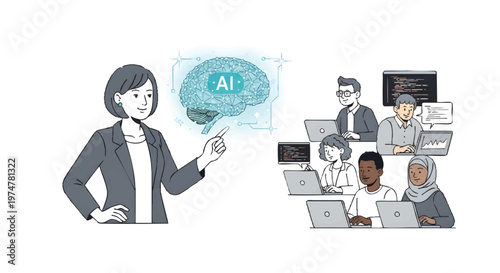 Businesswoman presenting AI concept to diverse team with laptops