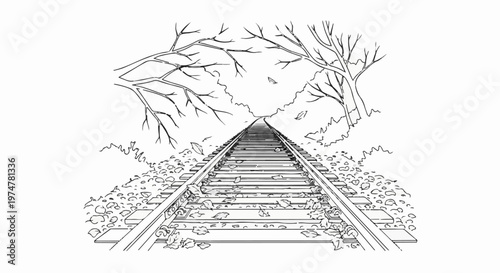An ink sketch of a railway track leading into the distance with bare trees