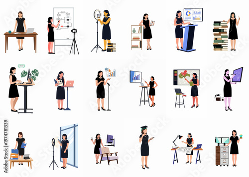 Collection of flat vector illustrations featuring a professional woman in various work, education, and social media scenarios, wearing a black dress.