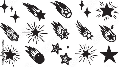 A creative collection of black hand-drawn celestial icons featuring twinkling stars, sparkling bursts, and shooting comets on a clean white background.