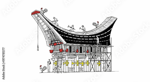 Building a unique structure with a curved roof, workers, and roosters