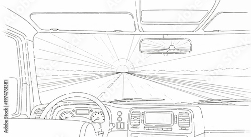 View from inside a vehicle looking at a sunlit road stretching to the horizon