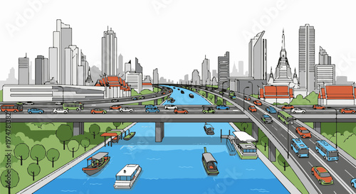 Cityscape with elevated highway, canal, boats, and urban skyline