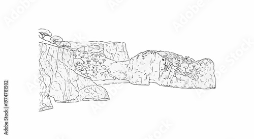 Stylized sketch of rugged cliffs with sparse trees and scattered foliage