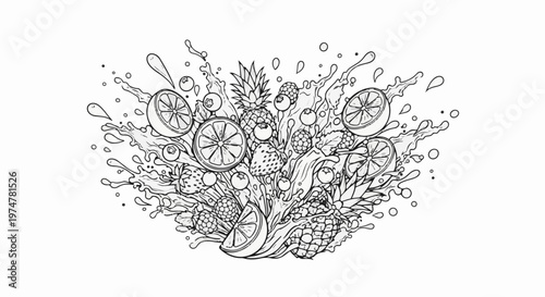 Whimsical illustration of mixed fruits and splashes