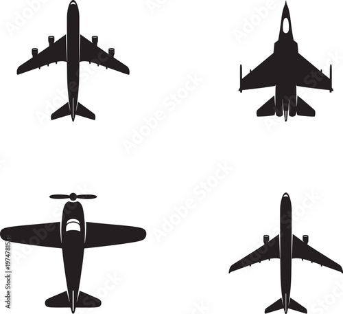 Airplane Collection With Jet And Propeller Aircraft Silhouette Vector