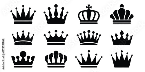 Crown icon vector set 12 black silhouette crowns isolated layers royal symbol illustration design