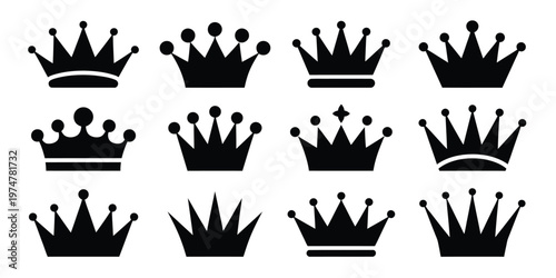 Crown icon vector set of 12 silhouettes black color isolated layer illustration royal design