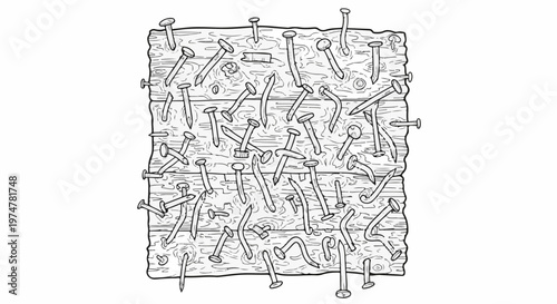 A jumbled assortment of nails pierce through a textured wooden surface