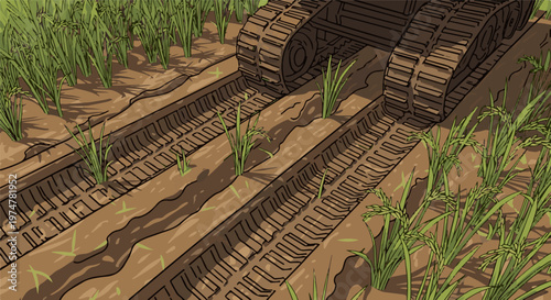 A heavy tracked vehicle treads through a flooded rice paddy field