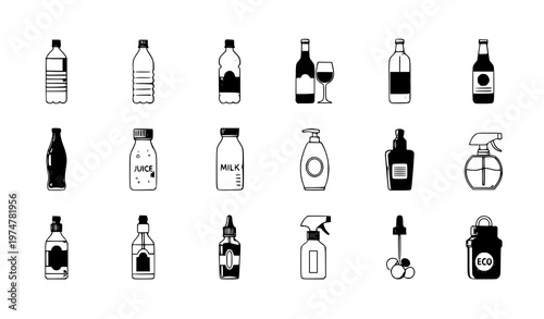 Flat bottle icon vector graphic pack with beverage cosmetic and container symbols isolated on white background