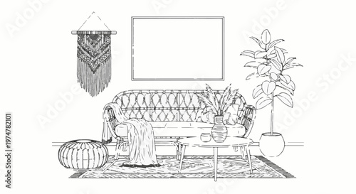 Sketch of a living room with a sofa, plants, and macrame wall hanging