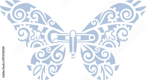 Intricate butterfly illustration with mechanical and natural elements. Features gears, swirls, and a safety pin body. Stylized vector graphic for creative design and conceptual themes.