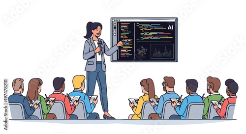 Businesswoman presenting to a group of people in a conference setting with AI on screen