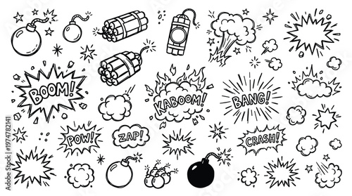 Explosion comic book style doodles with bomb dynamite and sound effects like boom zap pow crash bang kaboom