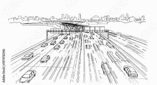 Busy multi-lane highway with city skyline in background