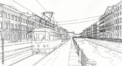 City street scene with tram and canal, sketched architectural view