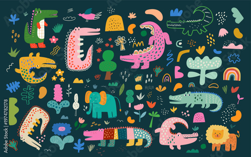 Baby animals naive hand drawn pattern. Baby hand drawn design for textile, posters, cards.