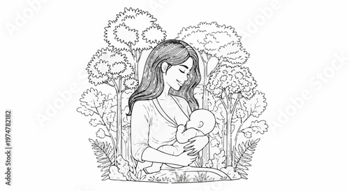 A woman cradles her baby surrounded by lush trees in a serene woodland setting