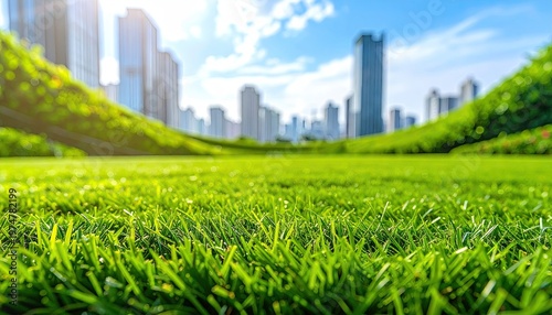 Lush green urban park lawn with blurred city skyscrapers and bright sunny sky.