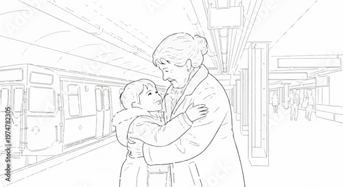 Affectionate embrace at a bustling train station