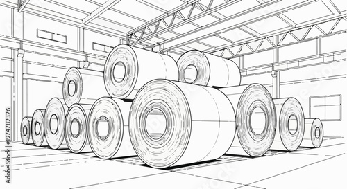 Industrial warehouse interior with large rolls of metal stacked