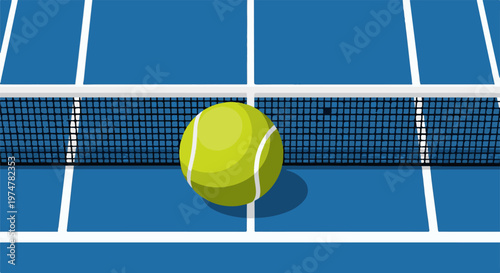 Bright tennis ball on a blue court with net, close up