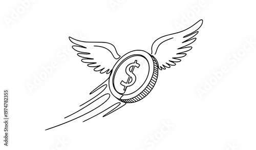 Single one line drawing coin with wings flying upward vector lost money and financial loss concept isolated on white background