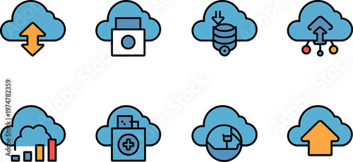 Cloud computing icons set including network synchronization data storage security analysis backup and upload symbols. vector illustration