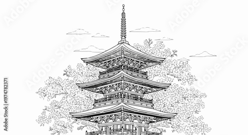 Japanese pagoda nestled among blossoming cherry trees under a cloudy sky