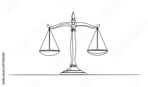 Continuous one line drawing scales of justice vector illustration law balance symbol isolated on white background