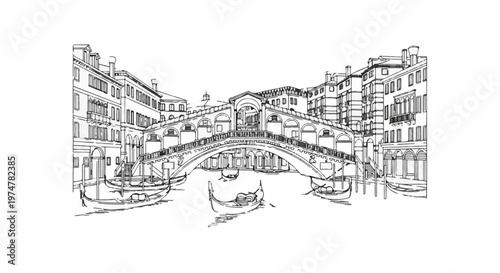 Sketch of a famous arched bridge over a canal with gondolas