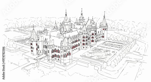 Ornate aerial sketch of a sprawling, multi-turreted castle and gardens