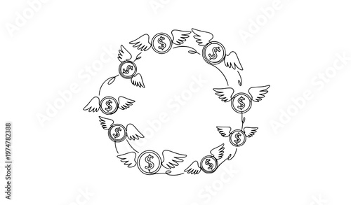 One line drawing flying money coins with wings vector illustration economic loss and finance concept isolated on white background
