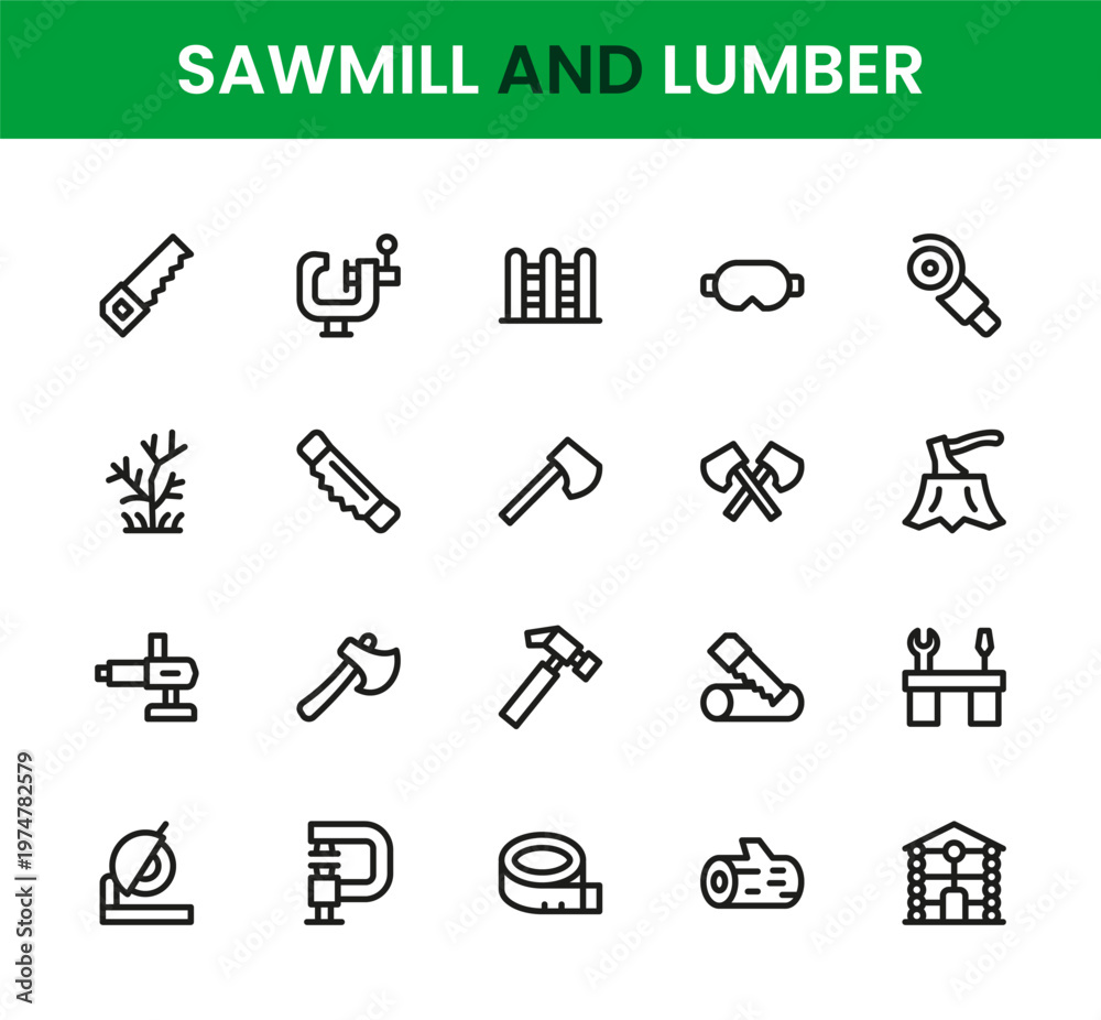 Fototapeta premium Sawmill and lumber icon set. Professional minimalist line icon bundle featuring timber industry elements, woodworking tools, forestry visuals, clean icons and refined style