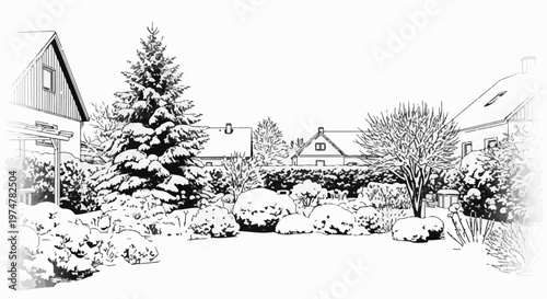 Sketch of a winter yard with snow-covered bushes, trees, and houses
