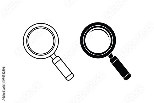 Two magnifying glasses in black and white line art, one with a wooden handle and the other with a black handle, isolated on white background.