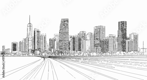 Sketch of a sprawling city skyline with a futuristic look and converging roads